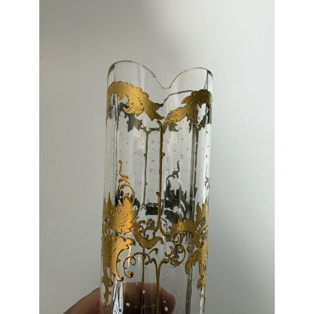 Antique Bohemian Art Glass Vase Raised Gold Gilt Enamel Quatrefoil Bubbles 7 In